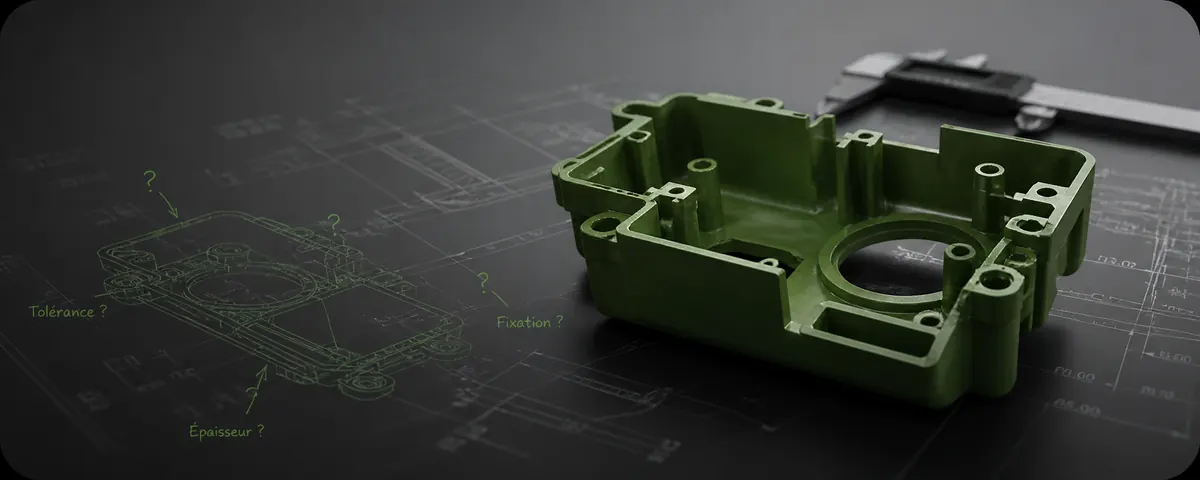 Pièce imprimée en 3D sur fond technique